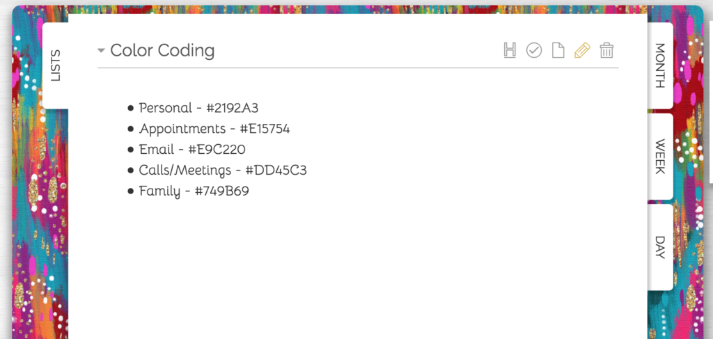 hex color codes in the list